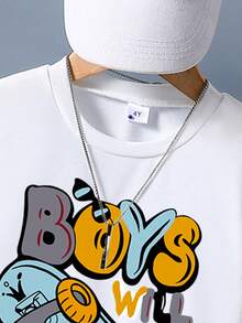 Children's School Uniform, Children's Letter Printed Short Sleeved T-Shirt And Shorts Summer Set, Skateboard Print, Leading The Fashion Style Series - 藍色 - 查看 3