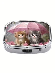 1 pieza Caja de metal para pastillas con 2 compartimentos y diseño de gatito bajo un paraguas, caja de pastillas portátil y mini para viaje o uso diario