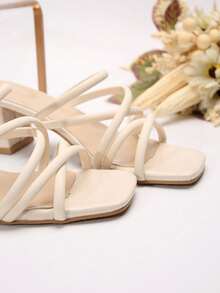 法式仙女风格女士夏季凉鞋，新款设计粗跟细带优雅系带高跟鞋 - 米色 - 查看 7