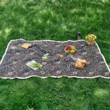 1 Stück verdickter Jacquard-Gewebe Troddel schwarzer Grund gemusterter Picknick-Matte / Strandtuch / Tischdecke