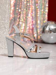 Women's High Heel Sandals With Lace-Up Multi-Strap, Square Toe, Sexy Open Back, Thick Platform Wedge, Water-Resistant, Comfortable Silver High Heels, Elegant & Stylish, Suitable For Parties, Banquets, Vacations, Fashion Versatile