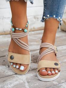 Personalized Beach Sandals, 2025 New Summer, Petite Women Anti-Slip Breathable Elastic Strap Loose Leisure Sport Sandals, Hook And Loop Buckle, Soft Sole Versatile Summer New Shoes, Non-Slip Flat Bottom Outdoor Beach Dress Slippers, Waterproof Maternity Travelers Shoes, Lightweight Open Toe Comfortable Fashion Sandals - Beige - View 2