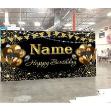 1 Stück schwarzgoldenes funkelndes Polyester Hintergrund für Geburtstage, mehrere Größen mit "Happy Birthday" Text - funkelnde Ballons, Konfetti, Polyesterstoff, geeignet für Fotografie, Abschlussfeiern, Partys, Feiern (ohne Strom erforderlich), Geburtstagsdekoration