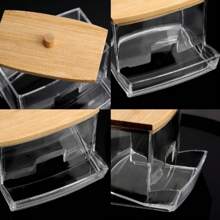 [Soporte transparente para bastoncillos de algodón] Soporte de plástico transparente y con tapa de madera, de moda, para almacenar bastoncillos de algodón, almohadillas de maquillaje, bolas de algodón, etc. Diseño transparente para ver fácilmente el contenido, almacena un recipiente de plástico transparente, accesorio de baño. (El producto puede tener pequeños rasguños, lo cual es normal y no afecta su uso)