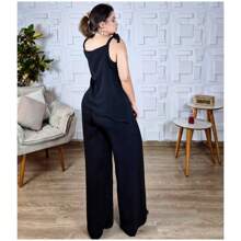 Conjunto Calça Pantalona e Blusa Alcinha de Lacinho Elegante Social Esporte Fino Duna Bonito Preto