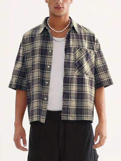 男士宽松短袖格子衬衫（带纽扣）