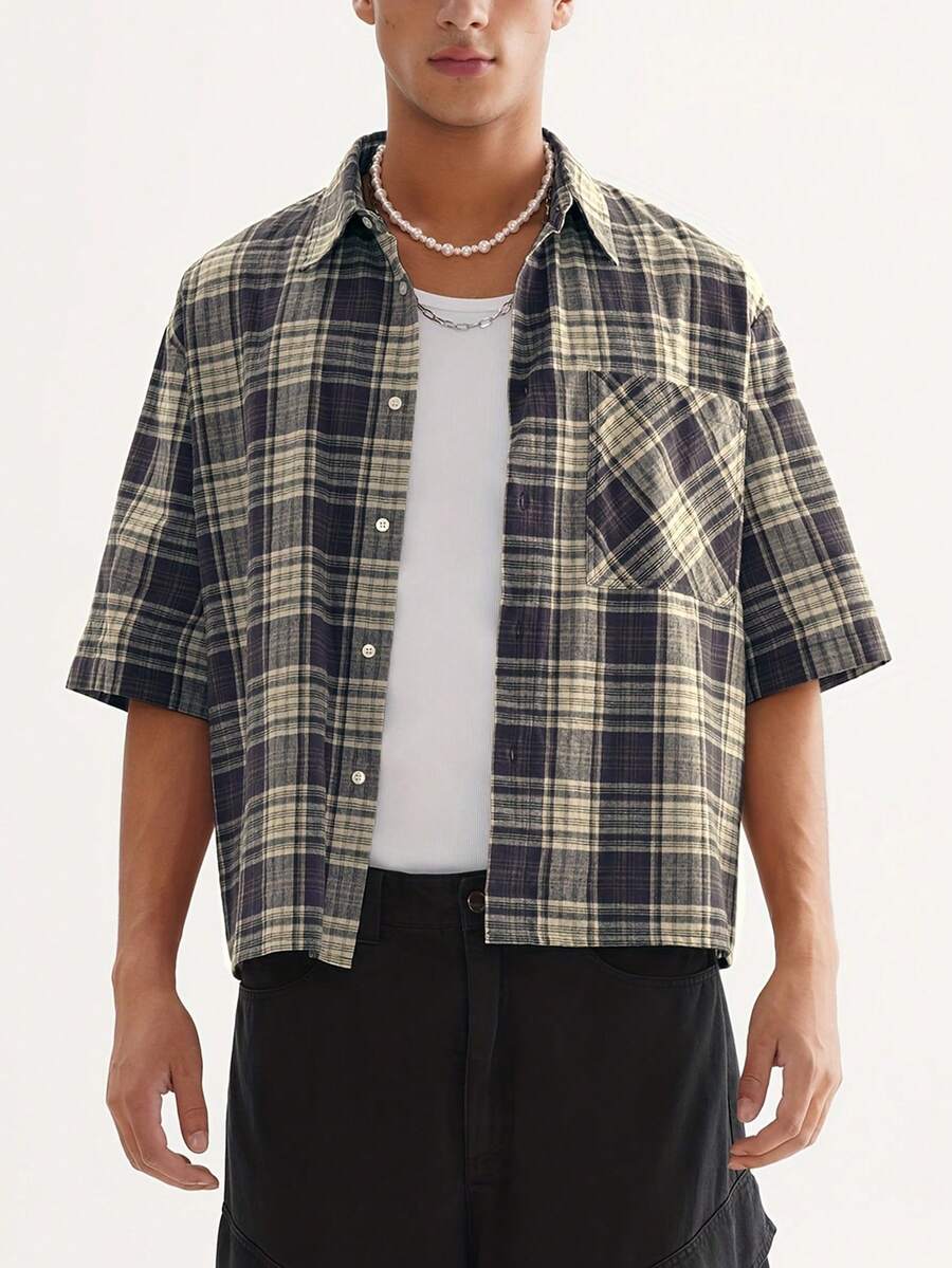 男士宽松短袖格子衬衫（带纽扣） - 藍色 - 查看 1