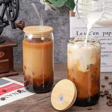 1pc/2pcs Glass Cup With Bamboo Lid & Straw, Straw Brush, 16 Oz Bottle Shaped Glass Cup, Iced Coffee Cup, Adorable Tumbler, Suitable For Beverages, Juice, Bubble Tea, Party And Holiday Gifts