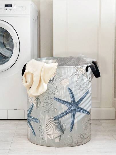 1pc Large Capacity Foldable Round Seashell & Starfish Printed Storage Basket With Handle, Multi-Purpose Laundry Basket, Bathroom, Bedroom Storage, Toy Organizer, Collapsible Dirty Clothes Basket Laundry Basket,Basket