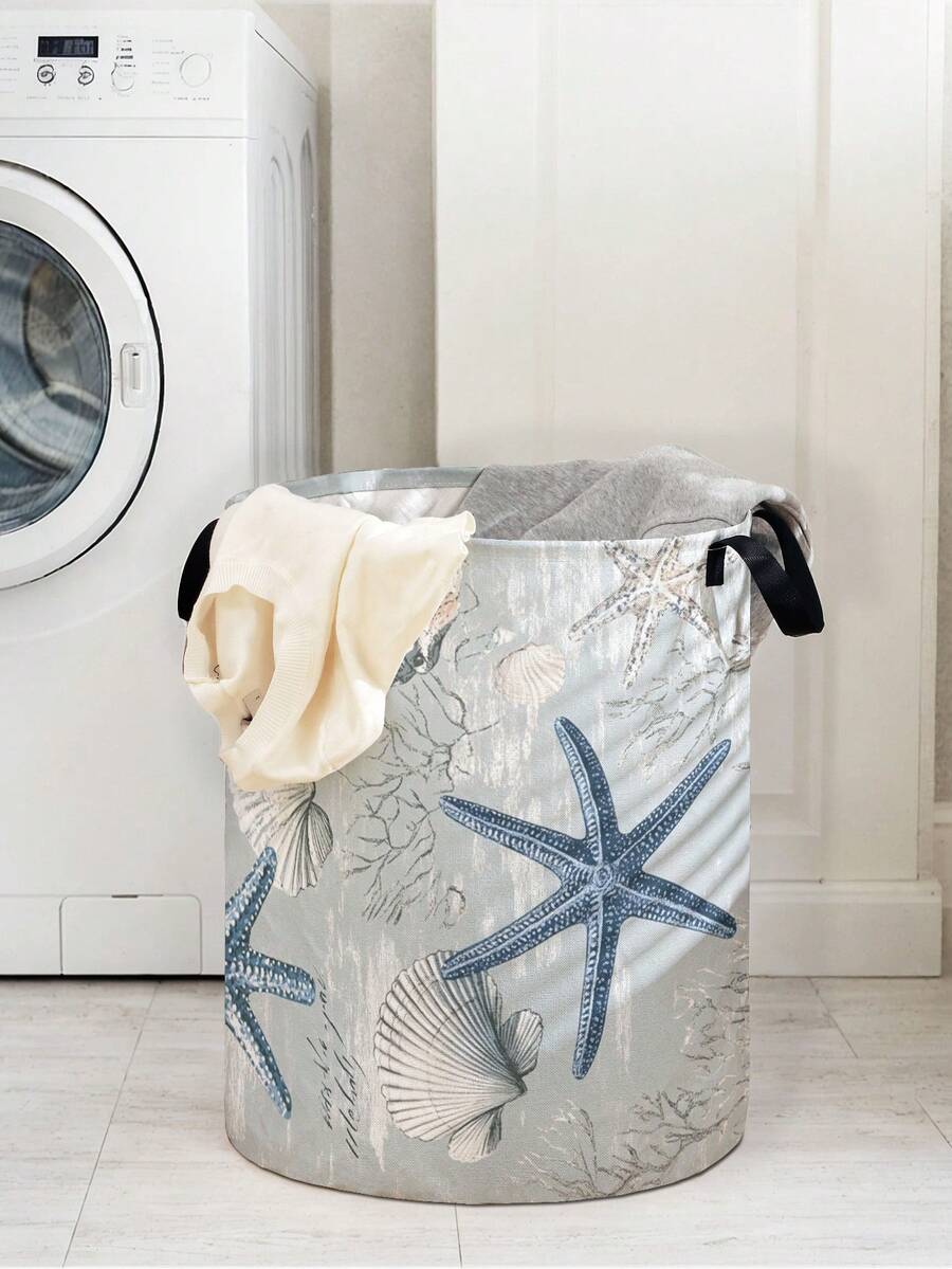1 件大容量可折叠圆形贝壳和海星印花收纳篮带手柄，多用途洗衣篮，浴室，卧室收纳，玩具收纳，可折叠脏衣篮洗衣篮，篮子 - 彩色 - 查看 1