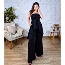 Conjunto 3 Peças Calça Blusa Capa e Top Elegante Social Duna Preto Chique Várias Formas 7 em 1