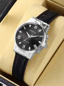 1 件男士运动休闲石英手表，带罗马数字和水钻表圈，礼物