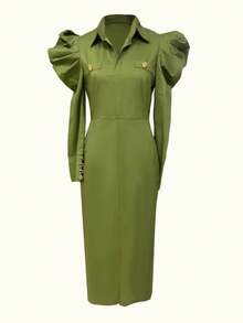 Solid Color Casual Elegant Bodycon Cargo Midi Dress With Pockets (No Belt) - Army Green - View 7