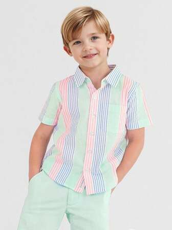 1 件男童彩色条纹夏季休闲纽扣短袖衬衫
