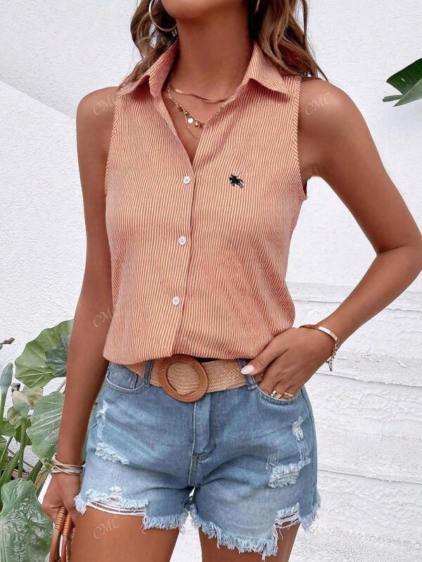 Cardigan sans manches ajusté décontracté pour femmes, col, rayures orange, couleur contrastée, broderie, nouvelle collection d'été
