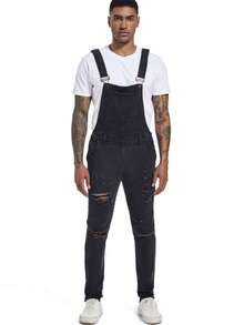 Men's Street Versatile Casual Ripped Hole Multi Pocket Workwear Overalls - Black - View 3