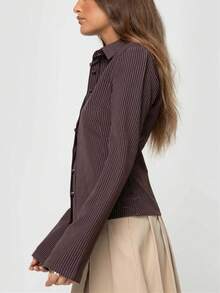 复古性感可爱束身长袖纽扣条纹棕色美丽复古时尚休闲优雅衬衫上衣，适合女士，春夏假日/情人节 - 棕色 - 查看 3