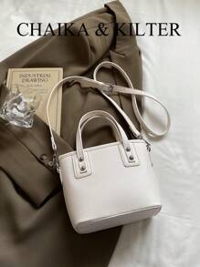 CHAIKA & KILTER 1pc Plain PU Leather Women Handbag, Fashion Litchi Texture Bucket Bag With Metal Eyelets, Dual Handles Design, Zipper Closure, Detachable & Adjustable Shoulder Strap, Suitable For Daily And Outing Use
