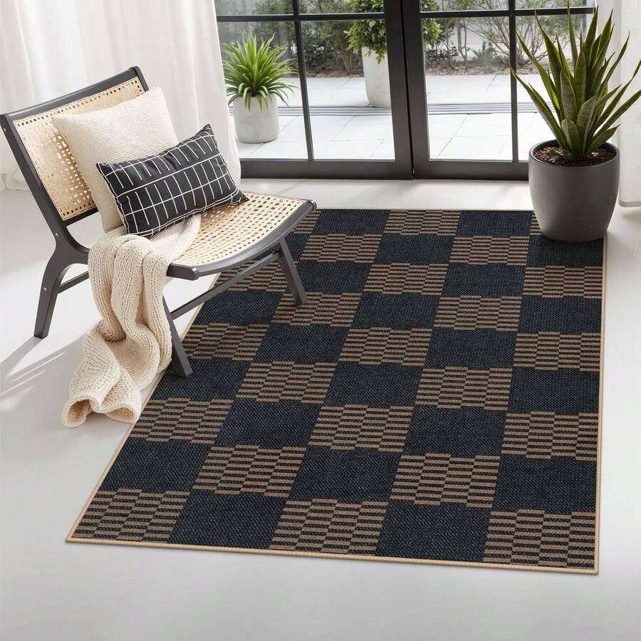 Checkered Easy Jute 3x5 Outdoor Patio Rug, Washable Rugs For Entryway Diamond Indoor Outdoor Living Room Carpet, Farmhouse Neutral Non Slip Black Door Carpet For Backyard Bedroom - 巧克力棕色/棋盤格-3 - 查看 1