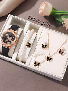 6件套 时尚简约蝴蝶数字设计手表 + 珍珠蝴蝶配件套装 - 彩色 - 查看 1