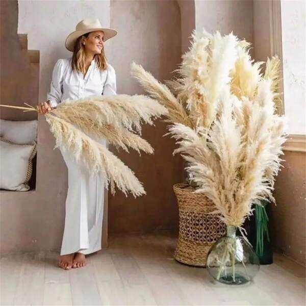 23.62/39.37 Inch Beige Pampas Grass, Boho Style Pampas Grass Decor, Fluffy Pampas Grass For Home Decor, Floor Vases, Walls And Farmhouse Dining Tables - Great For Christmas, Halloween, Easter, Thanksgiving, Graduation - Bulk