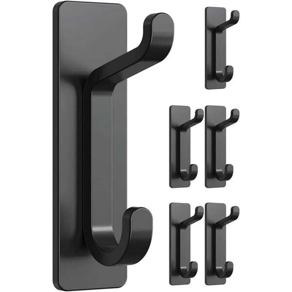 5 Stücke schwere Haltekraft Wandhaken - Klebe-Hänger ohne Bohren für Badezimmer, Küche, Wohnmobil - Modernes schwarzes Finish, hält Mäntel, Handtücher, Schirme, Badezimmerhaken, Gebrauchshaken