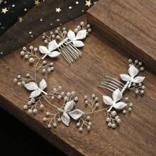 1 Stück Damen Haarschmuck aus Zinklegierung im koreanischen Stil, elegante handgefertigte Haarkamm mit weißer Perlen-Blätter-Optik