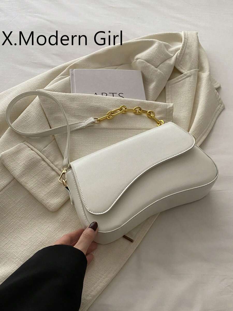 简约纯色单肩翻盖包，经典纹理斜挎包，女士钱包