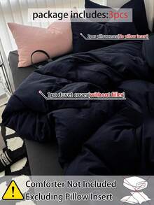 3件套100%涤纶纯色轻薄柔软透气被套组（1个被套和2个枕套），现代涤纶床上用品套装，四季皆宜 - 藍色 - 查看 2