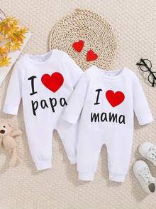 2pcs Baby's I LOVE PAPA & I LOVE MAMA Print Casual Cotton Long Sleeve Romper, Toddler & Baby Boy's Bodysuit For Fall & Winter Outdoor Play