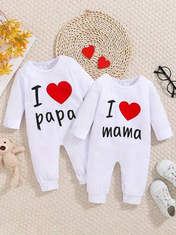 2 piezas Pelele casual de manga larga para bebés niños con estampados de "AMO A PAPÁ" y "AMO A MAMÁ", para juegos al aire libre en otoño e invierno
