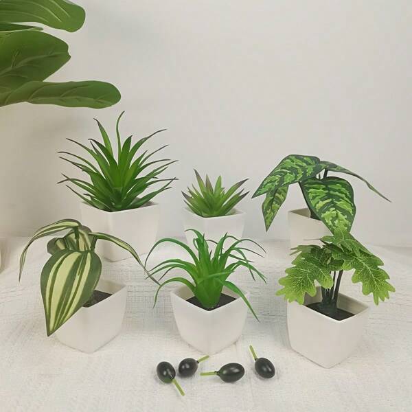 6 stuks kunstmatige mini-vetplanten, groene vetplanten, witte keramische potten, gemaakt van PE-materiaal, kunstplanten, bureaudecoratie, woondecoratie, decoratie voor klaslokalen/kantoren, trouwseizoen, cadeaus, decoratie voor lente/zomer, decoratie voor buitenfeesten/evenementen/verjaardagen, decoratie voor hotels/restaurants/woonkamers/slaapkamers/keukens, groene decoratie, fotografie-accessoires