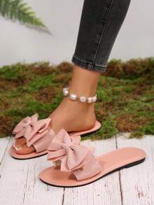 Sandalias planas con decoración de moño para mujer, de moda casual, antideslizantes, aptas para verano, playa y fiesta. Disponibles en negro, blanco, rosa, burdeos, azul real, verde, dorado, rojo y talla grande colores. - Rosa - Ver 6