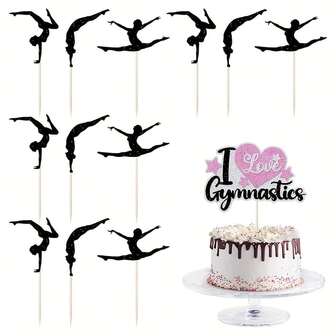 25pcs Set Of Glitter Gymnastic Cupcake Decoration-Black, Silver, Pink Gymnast Cake Topper-Gym Theme Birthday Party Cake Decoration