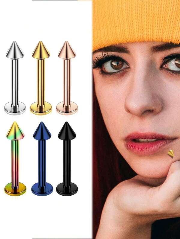 6pcs New Stainless Steel Lip Stud Conical Exaggerated And Personalized Human Piercing Accessory
