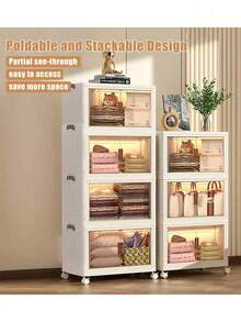 4 Layers Plastic Folding Storage Box With Multi-Layer, Stackable Storage Box With Wheels, Suitable For Home Storage Of Books, Clothes, Toys, Closet, Wardrobe, Bedroom, Bathroom, Office, Basic Bedroom Furniture Storage Box - White - View 2