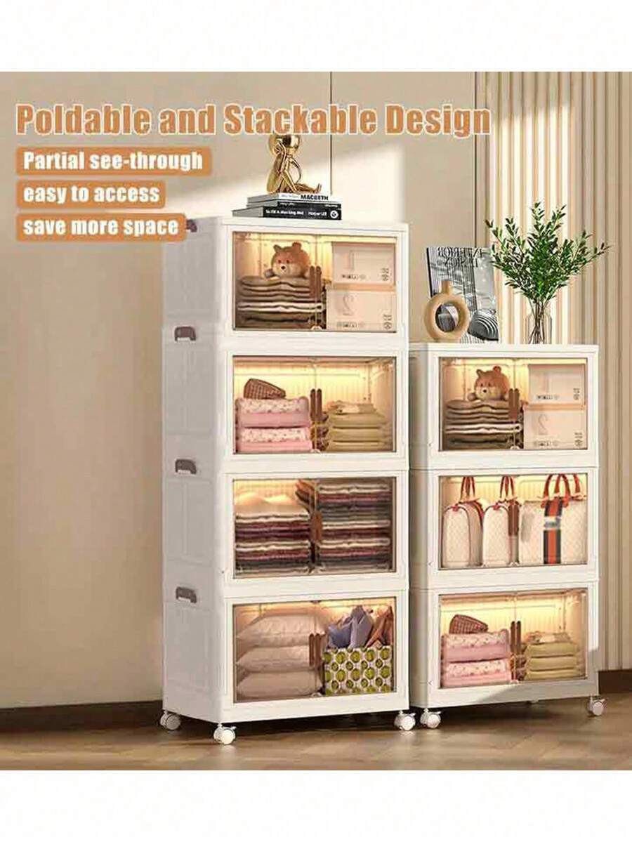 4 Layers Plastic Folding Storage Box With Multi-Layer, Stackable Storage Box With Wheels, Suitable For Home Storage Of Books, Clothes, Toys, Closet, Wardrobe, Bedroom, Bathroom, Office, Basic Bedroom Furniture Storage Box