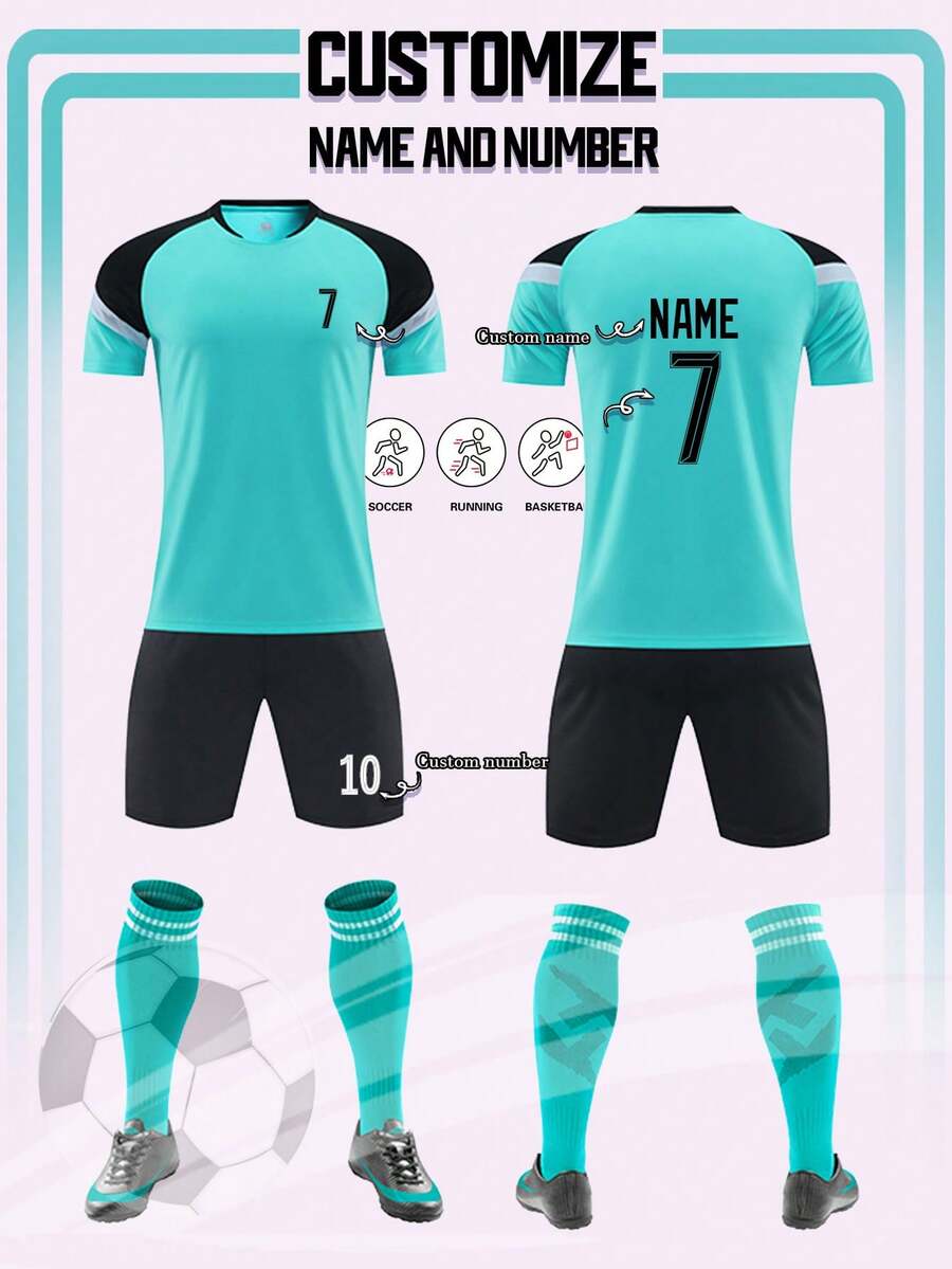 2pcs Football Jersey Set For Men, Personalized Football Uniforms, Real Madrid Jersey, Sports Suit, Sports Set, Running Set, Summer Set, T-Shirt Set, Football Jersey, Barcelona Personalized Jersey, Football Jersey With Print Number, Suitable For Daily Wear, Football, Badminton, Basketball, Cycling