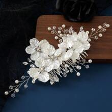 1 Stück Damen Retro Zinklegierung Weiß Muschel Blume Handgefertigt Perlen Kristall Haarkamm, Koreanischer Stil Braut Hochzeitskleid Kopfschmuck