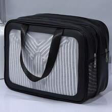 Bolsa de aseo transparente con separación de seco y húmedo, portátil, impermeable, de doble capa, organizador de artículos de tocador de gran capacidad, multifunción, bolsa de almacenamiento de maquillaje de PVC - Negro - Ver 9
