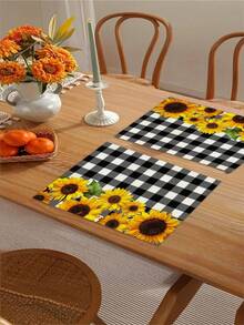 1pc/2pcs/4pcs/6pcs-Sunflower Checkered Illustration Green Leafy Plant Placemat, A Simple And Fresh Style Green Tropical Printed Linen Table Mat Combination, Suitable For Daily Decoration Party Table Mats In Spring And Summer - Multicolor - View 5