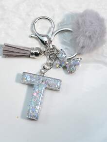 1 件首字母银色闪光钥匙扣，树脂滴蝴蝶吊坠，包/车装饰，男女通用礼物汽车配件包魅力学校可爱哥特 Y2k - 銀色 - 查看 35