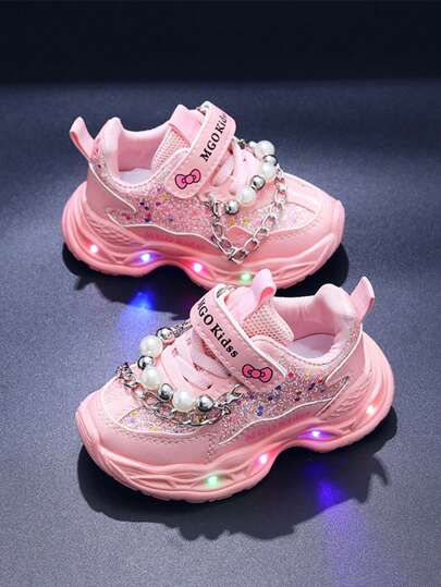 Zapatillas deportivas con luces y adornos de perlas nuevas para niñas de MGO Kids, cómodas zapatillas de princesa casuales, zapatillas chunky antiguas, zapatillas con luces, adecuadas para niñas de 1 a 6 años, para primavera/otoño