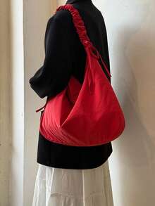 褶皱云腋下包，韩版百搭单肩包，斜挎包，大号尼龙托特包，饺子包，月牙包 - 紅色 - 查看 7