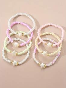 Set de 7 piezas de pulseras con cuentas de corazones, estrellas y dijes de colores para niñas, adecuadas para uso diario, fiestas y regalo de cumpleaños