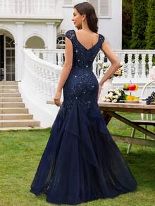 MIUSOL 亮片花卉蕾丝甜心领短袖撞色网纱层叠下摆晚宴派对长裙，优雅女士派对礼服，正式晚礼服，舞会礼服，适合婚礼宾客、毕业典礼、晚宴、情人节等场合。 - 藏蓝色 - 查看 3