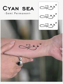 1pc Washable, Waterproof, Sweat-Resistant, Non-Reflective Temporary Herbal Tattoo, Minimalist Line Art Heart & Bird Design, Lasts 7-15 Days, Suitable For Daily Use - Black - View 1