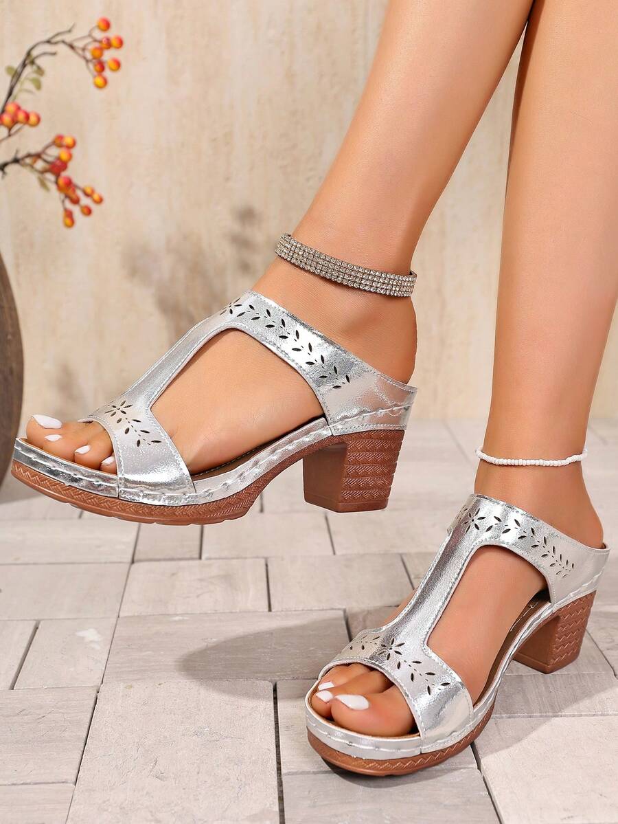 Women's Peep-Toe High Heel Sandals, Knotted Design, Breathable Perforated Side, Lightweight & Comfortable, Suitable For Daily, Outdoor, Commute, Office, School, Formal Events, Summer Fashion Versatile, Elegant, Beige, Gray, Pink High Heel Sandals - Silver - View 1