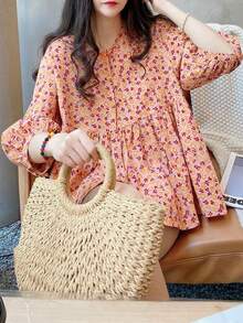 YUXIN Summer New Loose Sweet Bell Sleeve Round Neck Ruffled Blouse, Fashionable Batwing Sleeve Ditsy Floral Top - Red - View 5