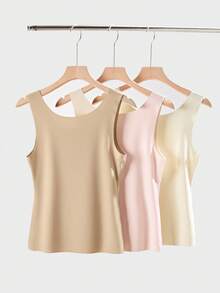3件套女士春夏冰丝无缝条纹吊带背心，无袖圆领，宽肩带，时尚外套，舒适休闲打底衬衫背心 - 彩色 - 查看 3